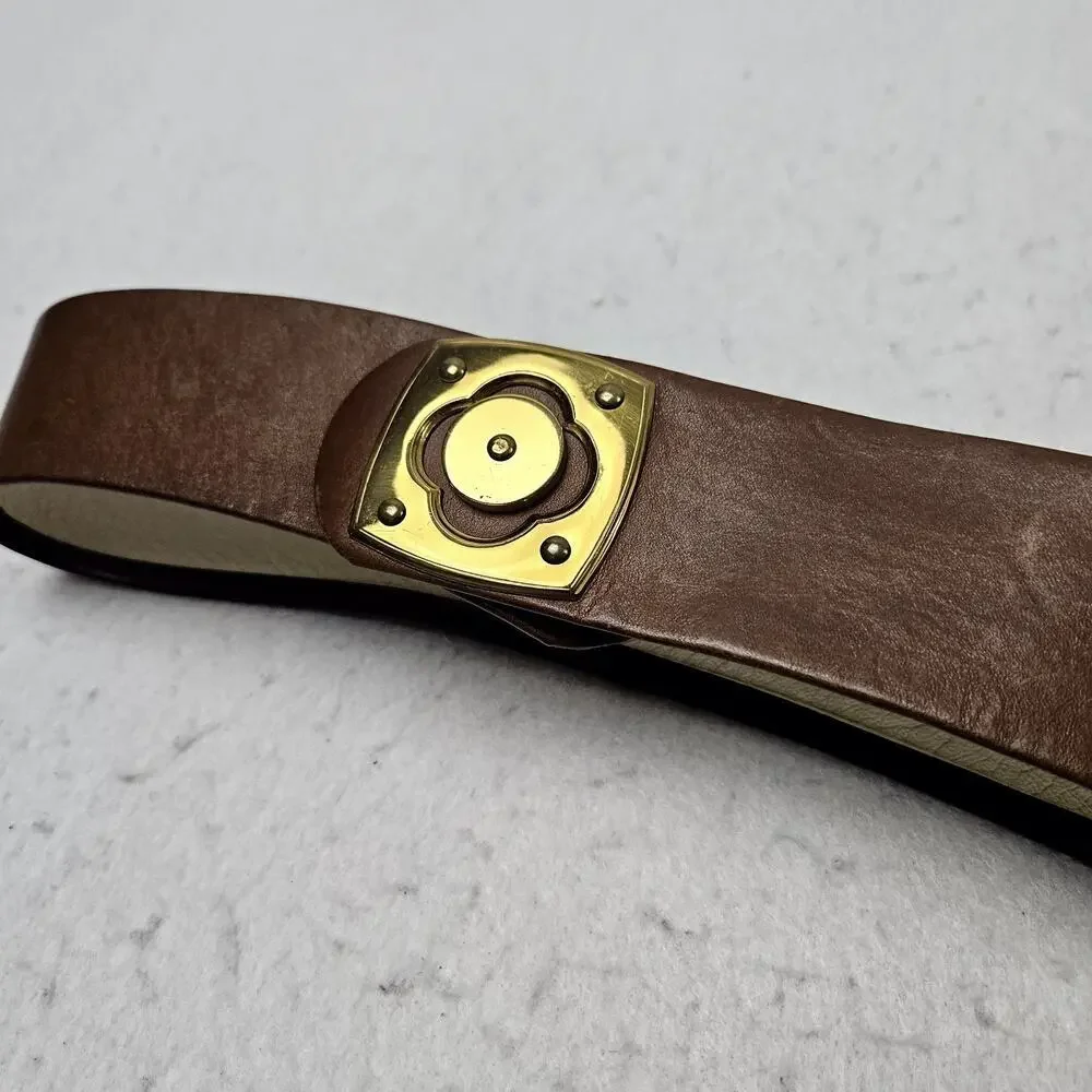 Vintage Brown Leather Waist Belt Size 26 Gold Buckle Roger Van S Classic Clover